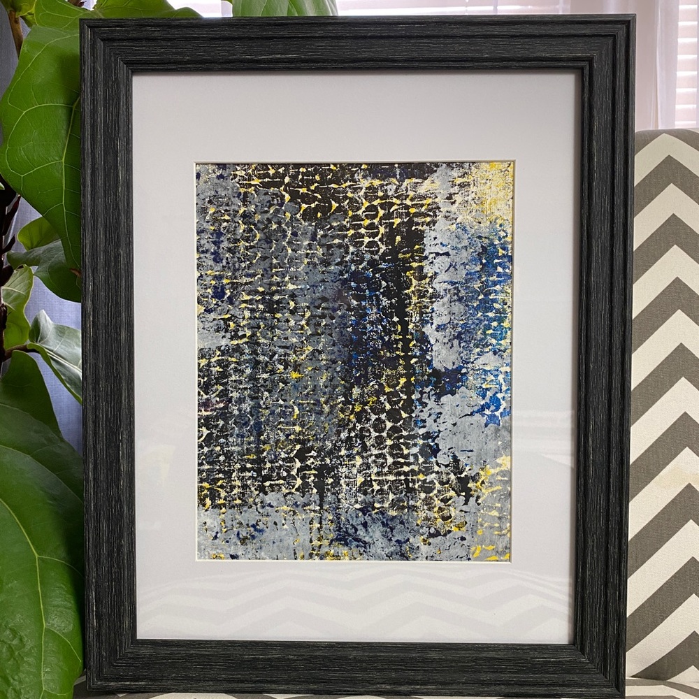 Abstract Acrylic Original Painting On Canvas Paper 9X12 Yellow Black Blue